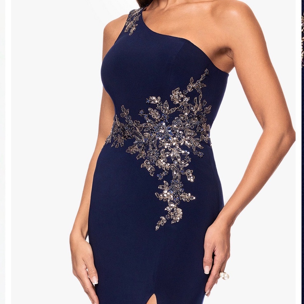 Xscape Navy Maxi Dress with Silver Floral Accents like new , size 8P worn once